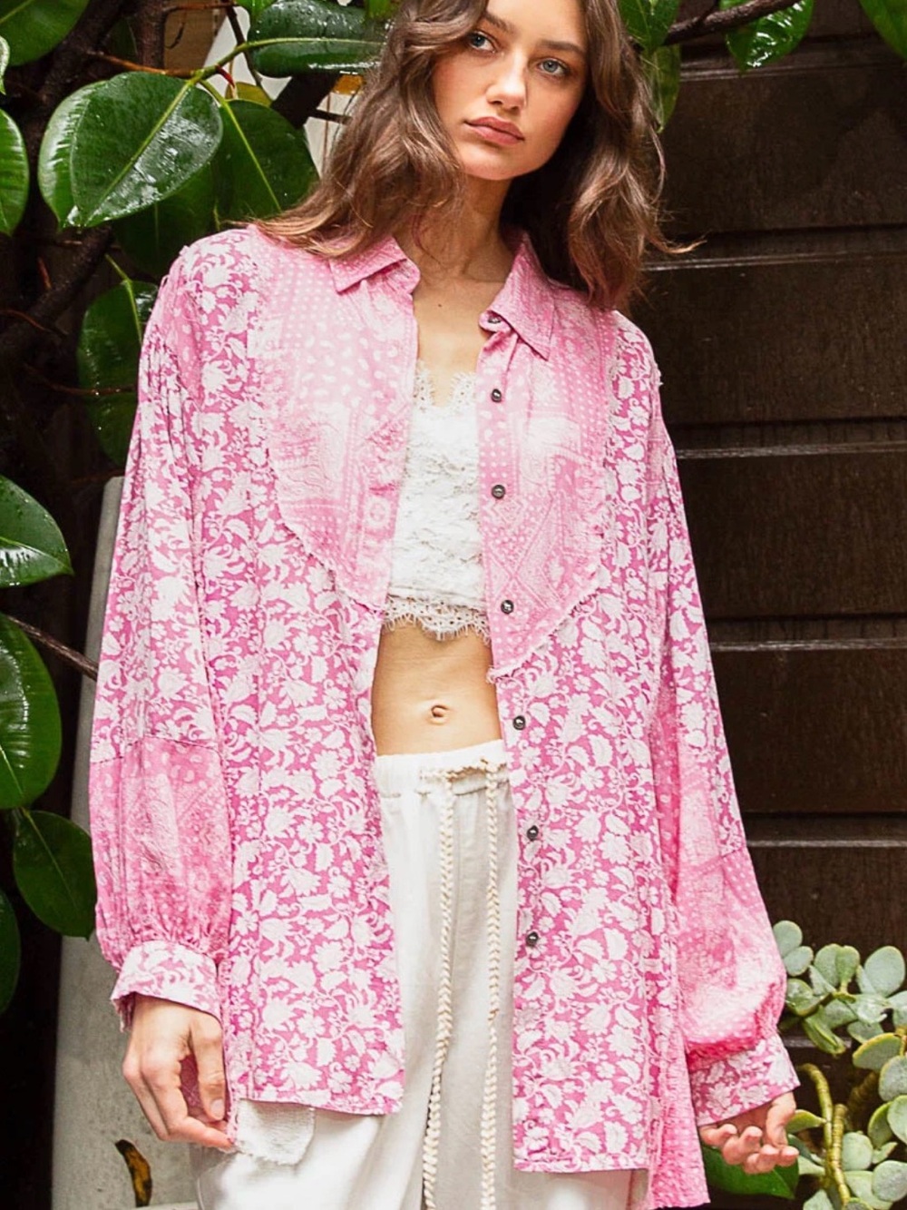 POL boho  Pink Floral Button down flowy shirt